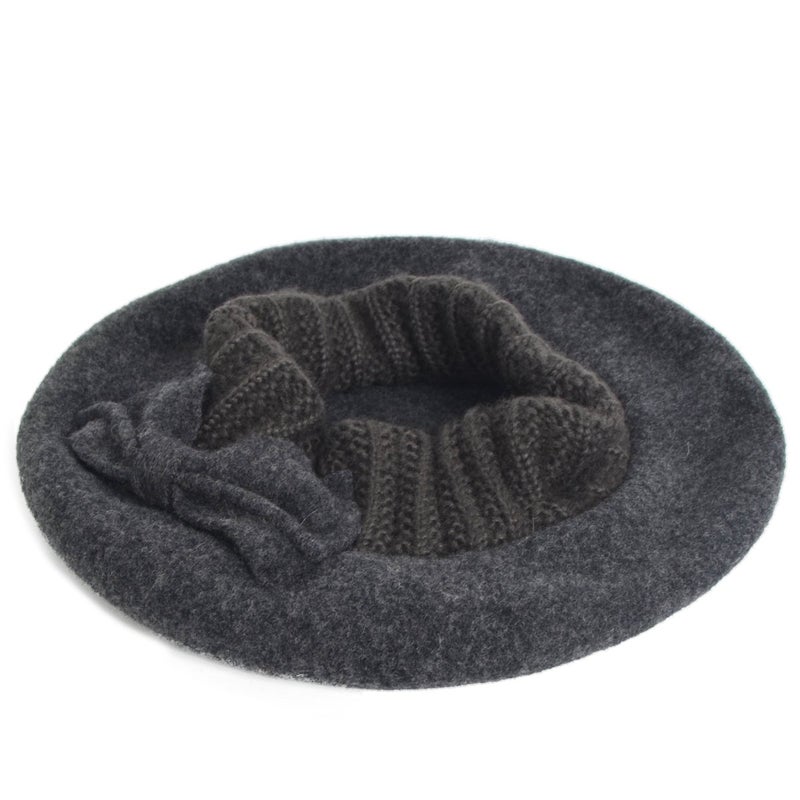 VECRY Lady French Beret 100% Wool Beret Floral Dress Beanie Winter Hat (Bow-Grey) - Image 3